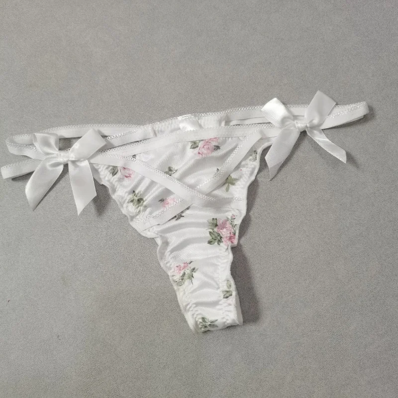 

Women's Panties Sweet Bow Cross Strap Thong Sexy Luxury Satin Floral Printed Underwear Low Ries Seamless G-String Thongs