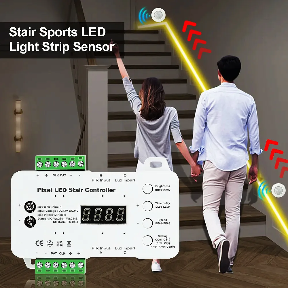 WS2811 Pixel RGB Single Color Flowing COB LED Strip Stair Controller PIR Motion & Daylight Sensor Staircase Dimmer Set 5M 10M