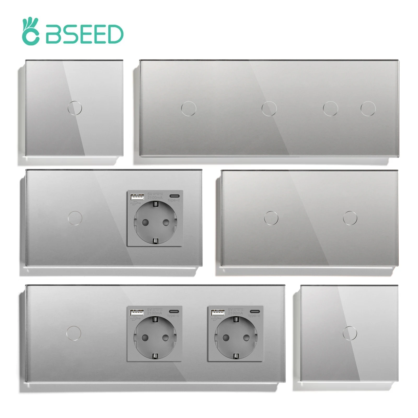 BSEED  1/2/3Gang Touch Light Switch 1Way Plus EU Wall Sockets With Type-c USB Charging Ports 2.1A Glass Panel Gray Series