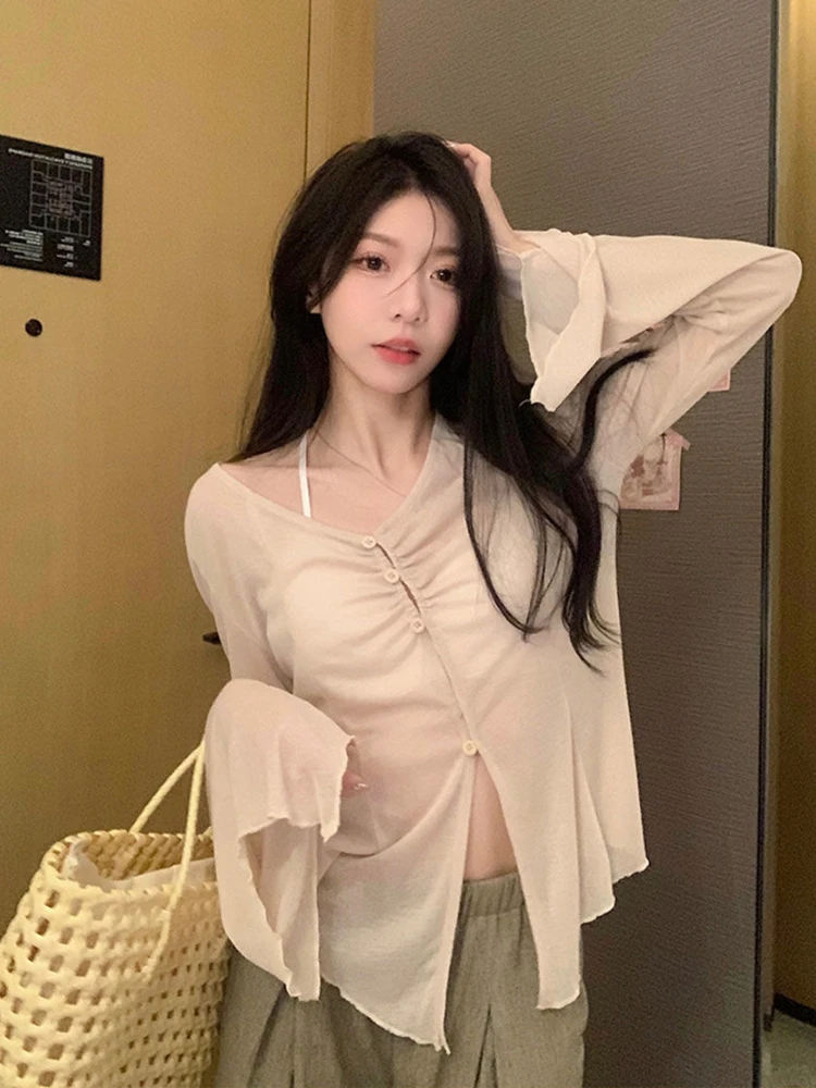 Flare Long Sleeve T-shirts Women V-neck Summer Thin Sun-proof Aesthetic Clothes Elegant Hotsweet Korean Style Female New Basics