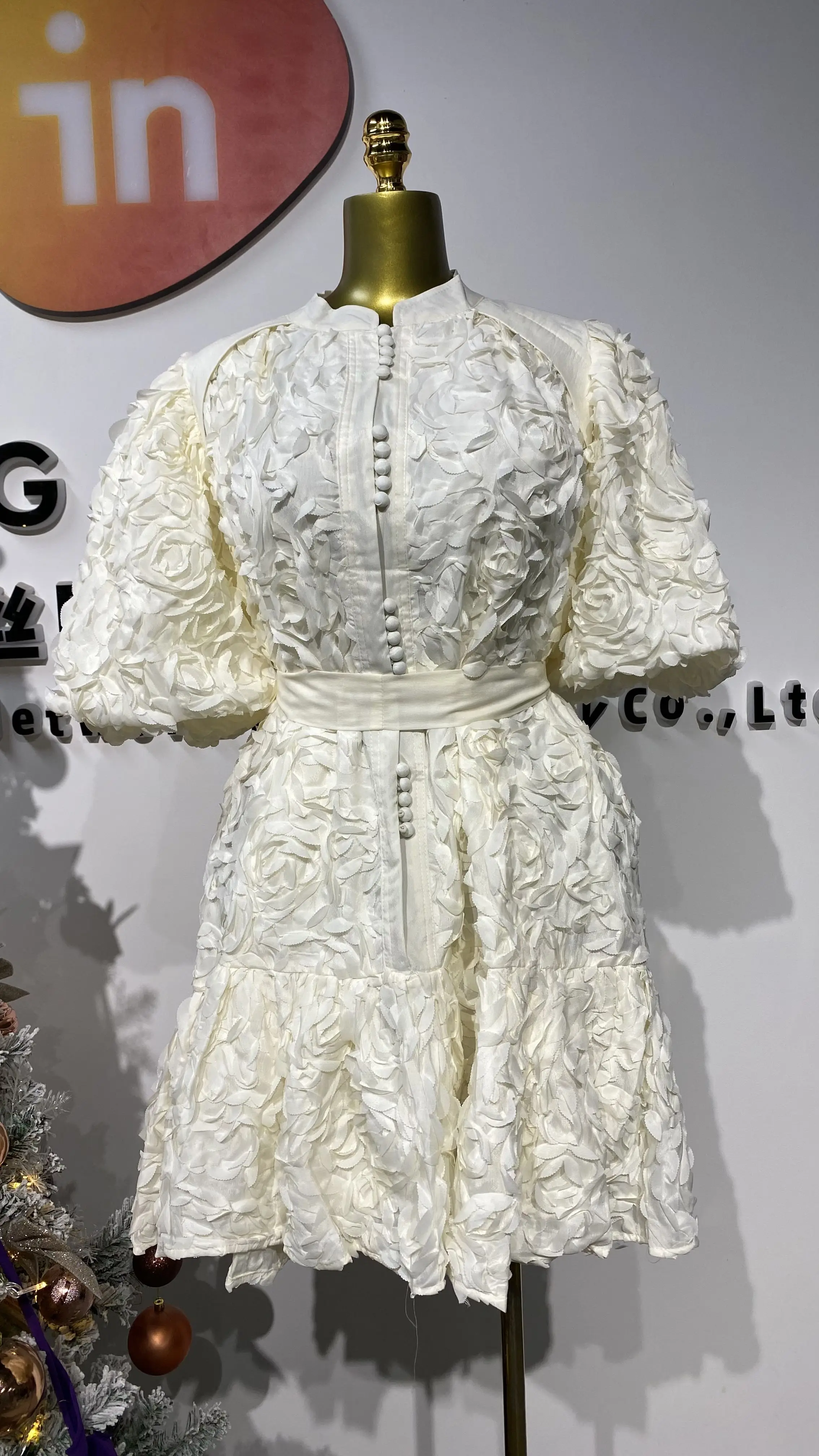 

Elegant women's floral lace-up puff sleeve button a-line skirt - elegant summer casual dress-GZMM154