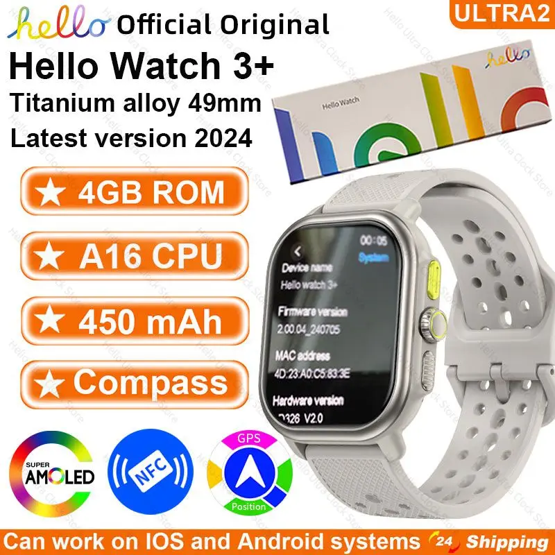 

2024 Новые умные часы Hello Watch 3 Plus Ultra HD AMOLED 4G ROM NFC Компас 49 мм Часы Bluetooth Вызов Спортивные умные часы Мужчины Женщины