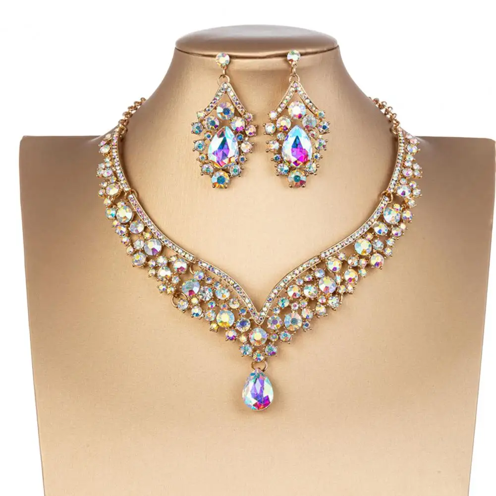 Crystal Rhinestone Bridal Earrings Necklace For Women Queen Princess Jewelry Geometric Fashion Jewelry Set for Wedding