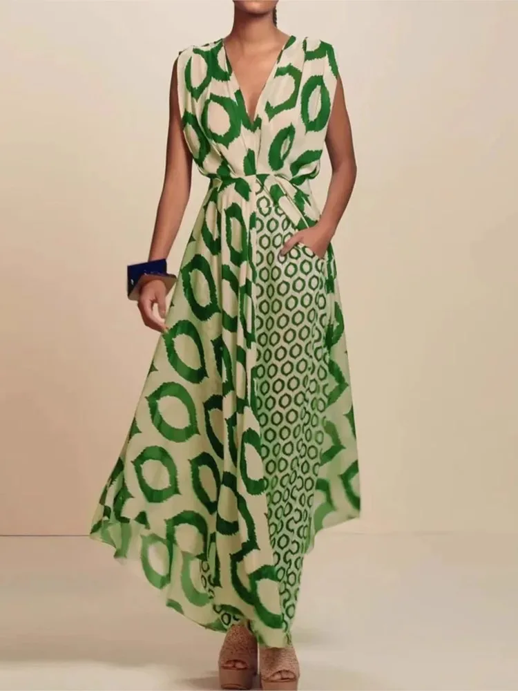 ฤดูร้อนผู้หญิงเสื้อผ้าอารมณ์Elegantพิมพ์กางเกงชุดแฟชั่นแขนกุดVคอTie Top Slimกางเกง 2 ชิ้นชุด