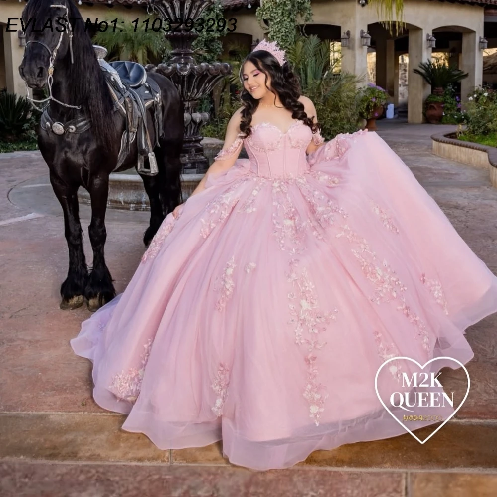

EVLAST Customized Shiny Pink Ball Gown Quinceanera Dress Glitter 3D Floral Applique Beading Sweet 16 Vestidos De 15 Anos E1QN186