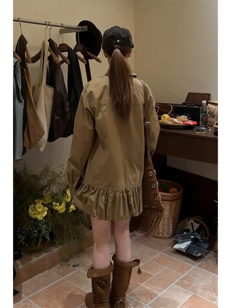 Vroege herfst trendy bruine lange Sve irt Dr Ele hoge taille A-lijn rok hoge kwaliteit eenvoudige en Ele bloemenprint