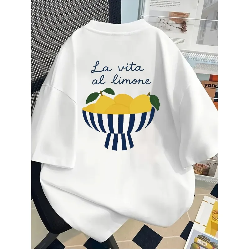 المرأة الليمون الحياة "لا فيتا آل ليمون" نمط تي شيرت أبيض طاقم الرقبة رداء علوي غير رسمي الأزرق الداكن الليمون تصميم المرأة تي شيرت