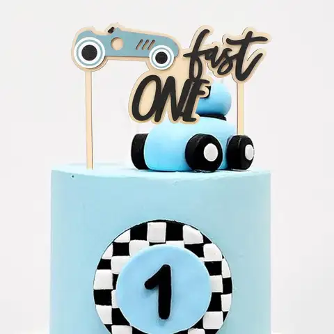 빠른 생일 케이크 토퍼 - 목재 경주용 자동차 케이크 토퍼 경주용 자동차 1번째 생일 파티 장식 테마 생일 케이크 토퍼