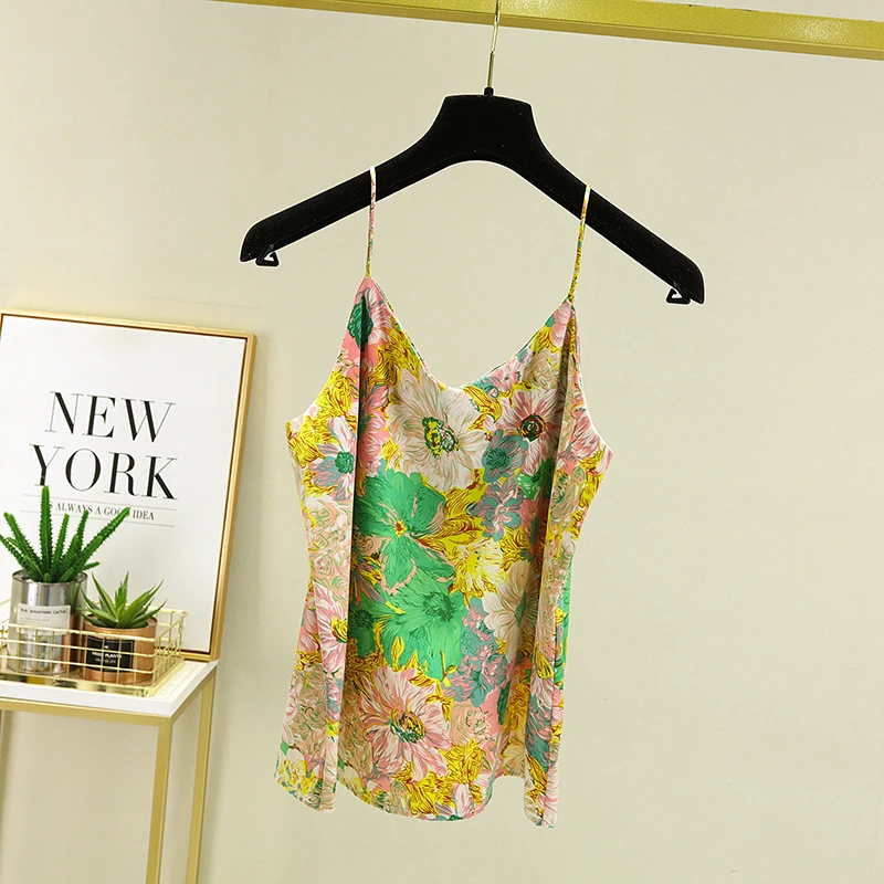 2022 New Floral Print  Halter Vest Female High Quality Satin Soft Sexy Tank Top Camisole Feminine