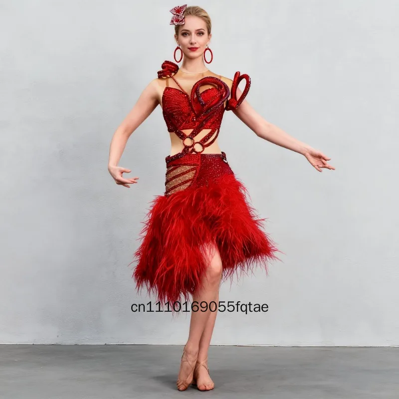 Women Full Diamond Ostrich Feather Skirt Latin Competition Dress Custom Latin Dance Costume Professional Ballroom Dancing Wear