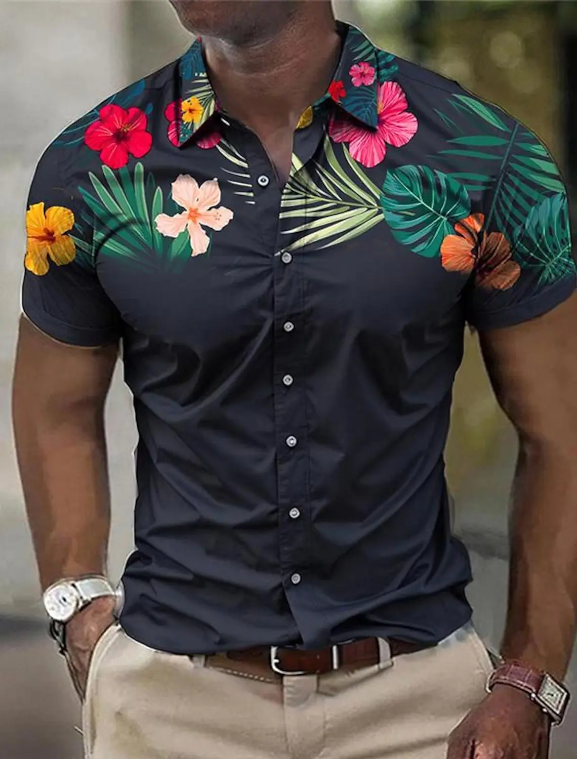 Men\'s Business Casual 3D Printed Floral Shirt Outdoor Street Wear to work Summer Turndown Short Sleeves 4-Way Stretch Fabric