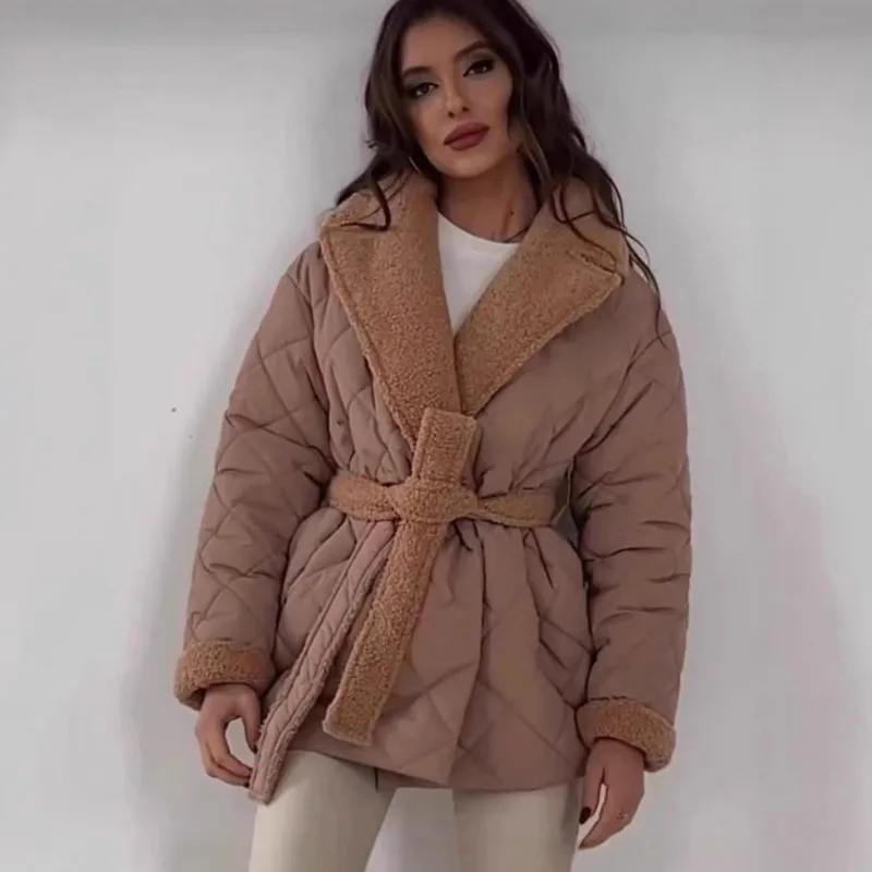 Women's Turn-down Collar Tie Closure Mid-length Cotton Coat Fashionable Loose Fit Outerwear Versatile Fitted Waist Comfortable