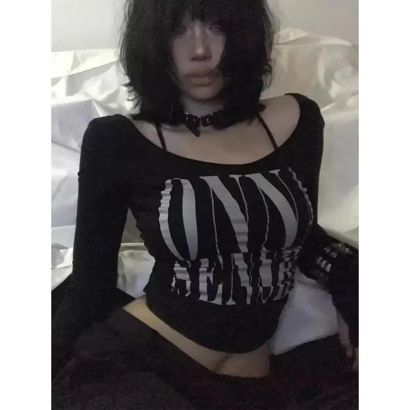 

Y2k Aesthetic Women Sexy Lrregular Crop T-shirt Vintage Letter Print Streetwear Grunge Tshirts Harajuku Hottie Slim Tees Femme