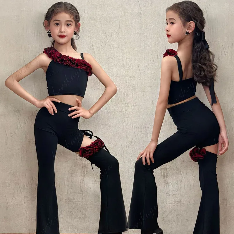 ชุดฝึกซ้อมฟิตเนสขั้นสูงสำหรับเด็ก, ชุดเต้นละติน, กางเกงฝึกซ้อมมืออาชีพสำหรับเด็กผู้หญิง, ชุดการแสดง