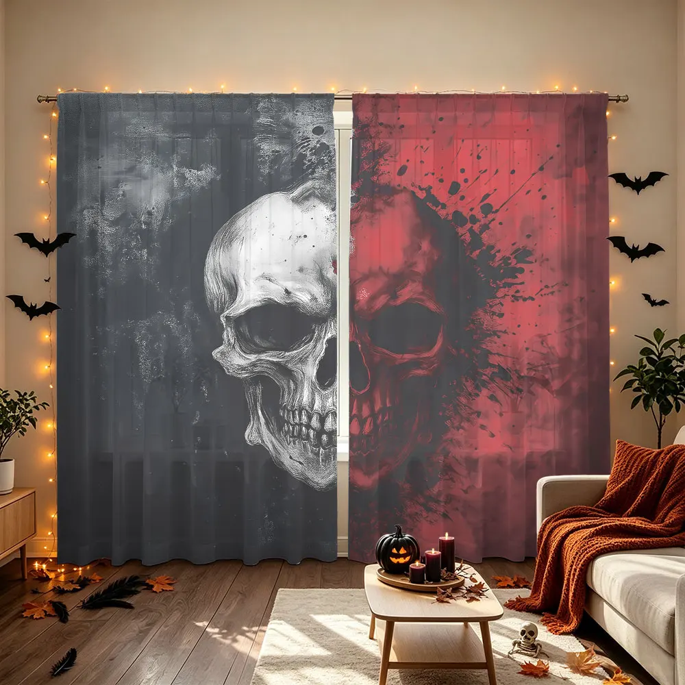2Pcs Red Black Contrast Skull Print Rod Pocket Curtains, Privacy Window Blinds for Living Room Bedroom, Door Curtain, Stylish