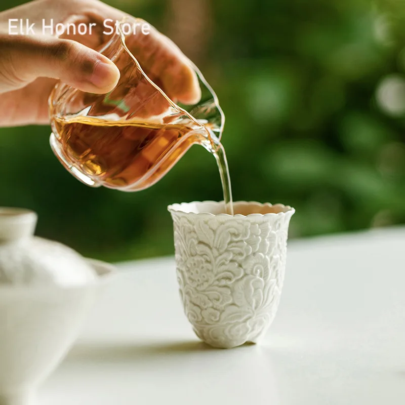 80ml Plant Gray Carved Flower Teacup Ancient Sample Tea Cup Tripodia Master Cups Fragrance Cup Household Tea Services Collection