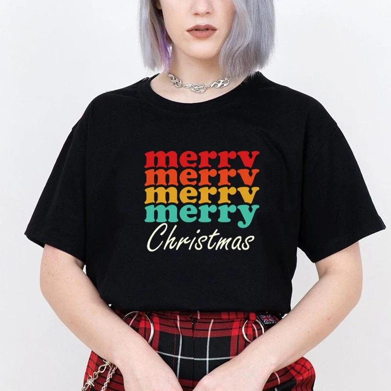 Retro Merry Christmas Party Graphic T Shirt for Women Cotton Vintage Festival  Graphic Y2k Tops Streewear Clothes Causal Female