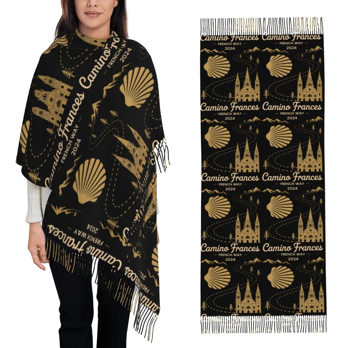 

Camino De Santiago Frances Compostela, французский шарф, шарфы с кисточками для женщин, шали и накидки, большая осенне-зимняя шаль, накидка