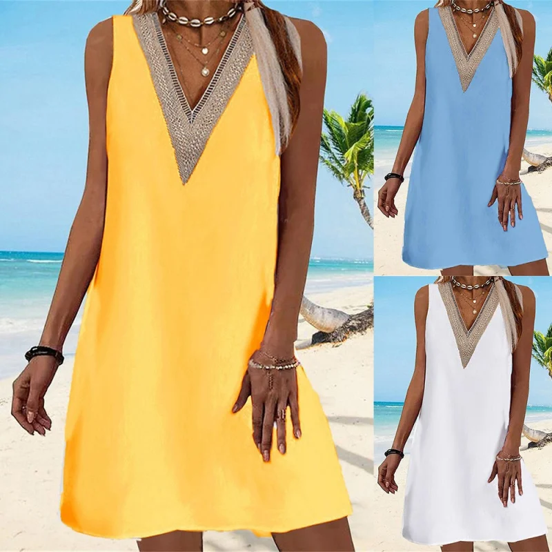 

2025 Loose Fit Top Elegant CommutingVSleeveless Lace Trim Loose Dress A002