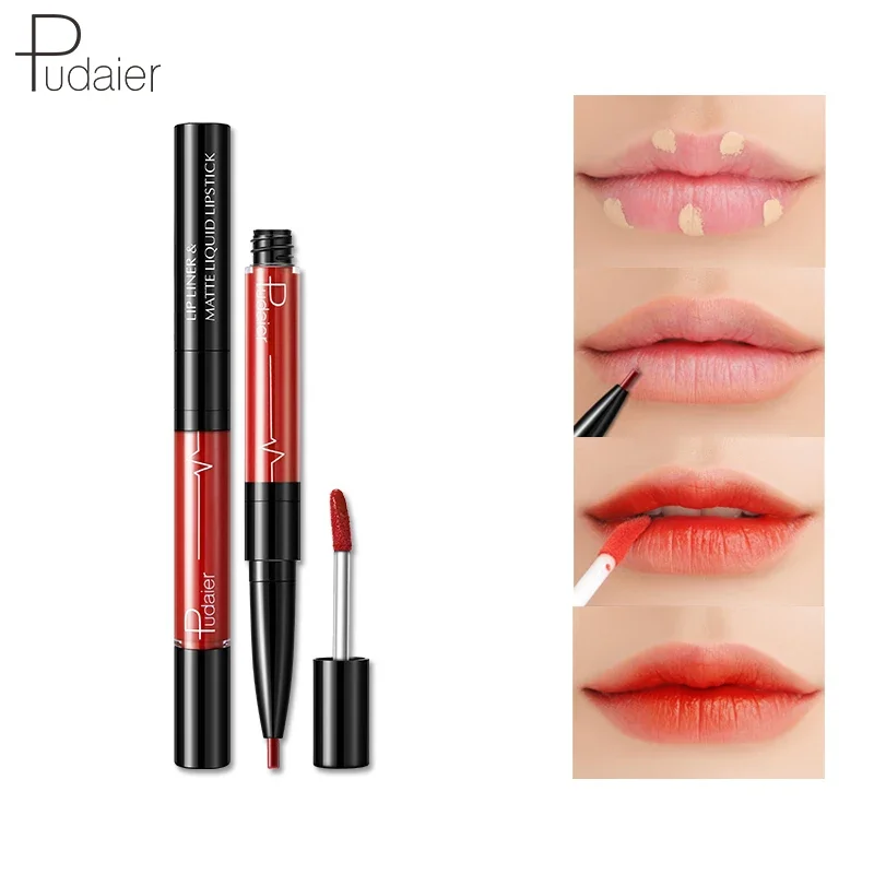 Pudaier 2 in 1 Velvet Mist Combined Double Lipgloss Lipliner Pencil Waterproof Long Lasting Lip gloss Pigment Lip Liner Pen