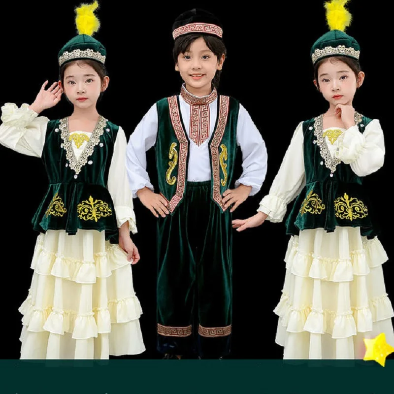 Ropa étnica tradicional, trajes de baile de minorancias étnicas de Xinjiang, traje de actuación en escenario para niños, vestido de fiesta y Festival