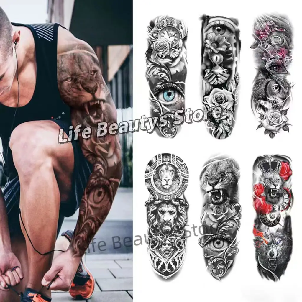 45PCS Large Arm Tattoo Lion  flower 3D Watterproof Temporary Tatoo Stucjer Wild Wolf Tiger