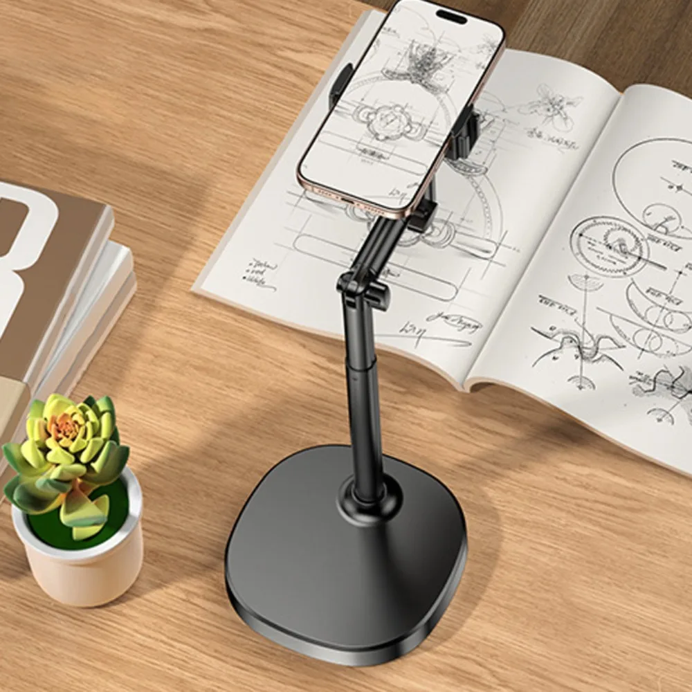ارتفاع قابل للتعديل حامل هاتف تلسكوبي 360 °   تدوير حامل هاتف سطح المكتب المحمول قاعدة معدنية مستقرة حامل جوّال بلاستيكي المحمول