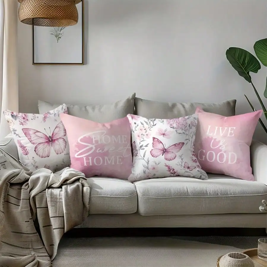 4pcs Retro floral butterfly Single-sided printing Short plush Suitable for living rooms bedrooms sofas (excluding pillow cores)