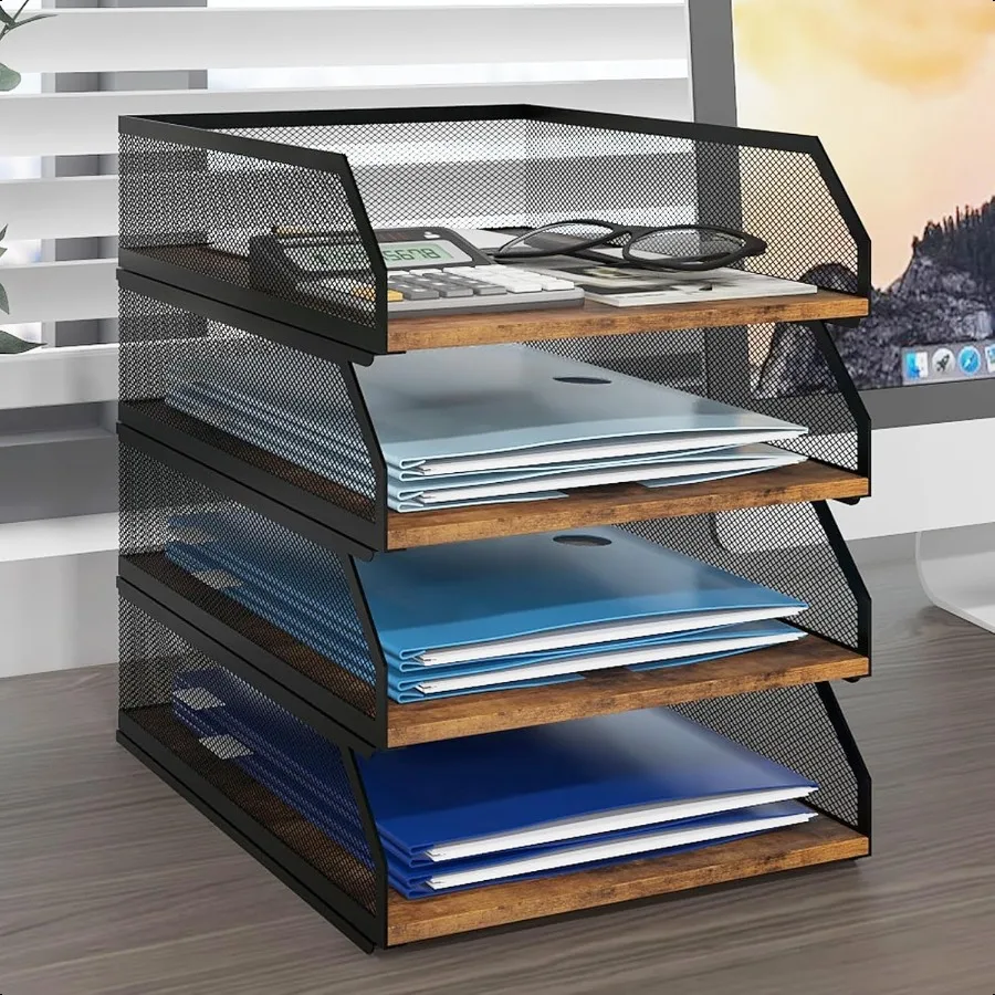 

Natwind 4Tier Stackable Paper Tray Metal Mesh Desktop Organizer Wood Board Paper Sorter Letter Trays File Document Storage Rack