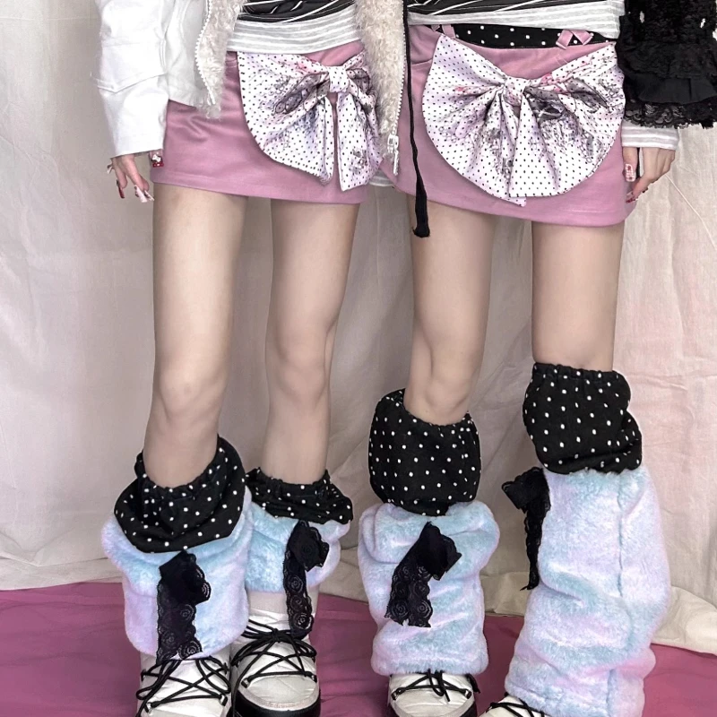 Original Design Y2K Polka Dot Splicing Plush Light Blue Women's Sock Covers Winter Sweet Versatile Warm Foot Leg Warmers Ladies