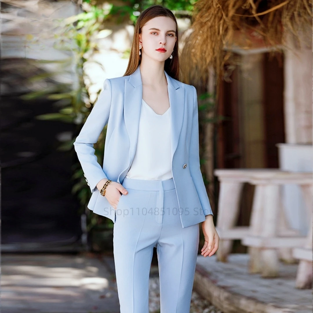 

Женские костюмы из 2 предметов с пиковыми лацканами и длинными рукавами, голубые наряды, деловые женские повседневные офисные брючные костюмы, комплекты (куртка + брюки)