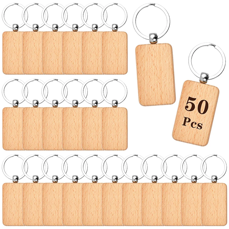 

50Pcs Rectangular Wood Keychain Rectangle Wood Key Ring Unfinished Wood Key Tags Keychain for DIY Gift Crafts Keychains