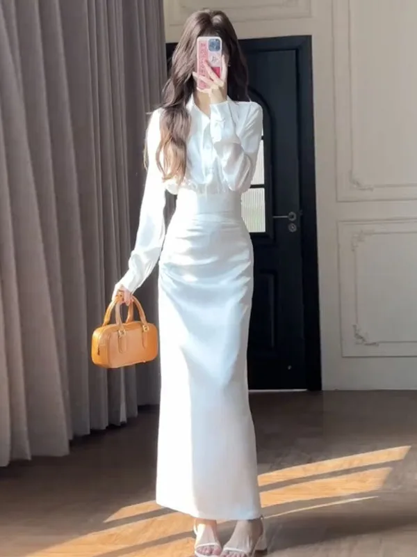 

Elegant Long Sleeve Collar Shirt And High Waist Skirt Slimming Long Dress Set for Women Fashionable Two-Piece Ensemble