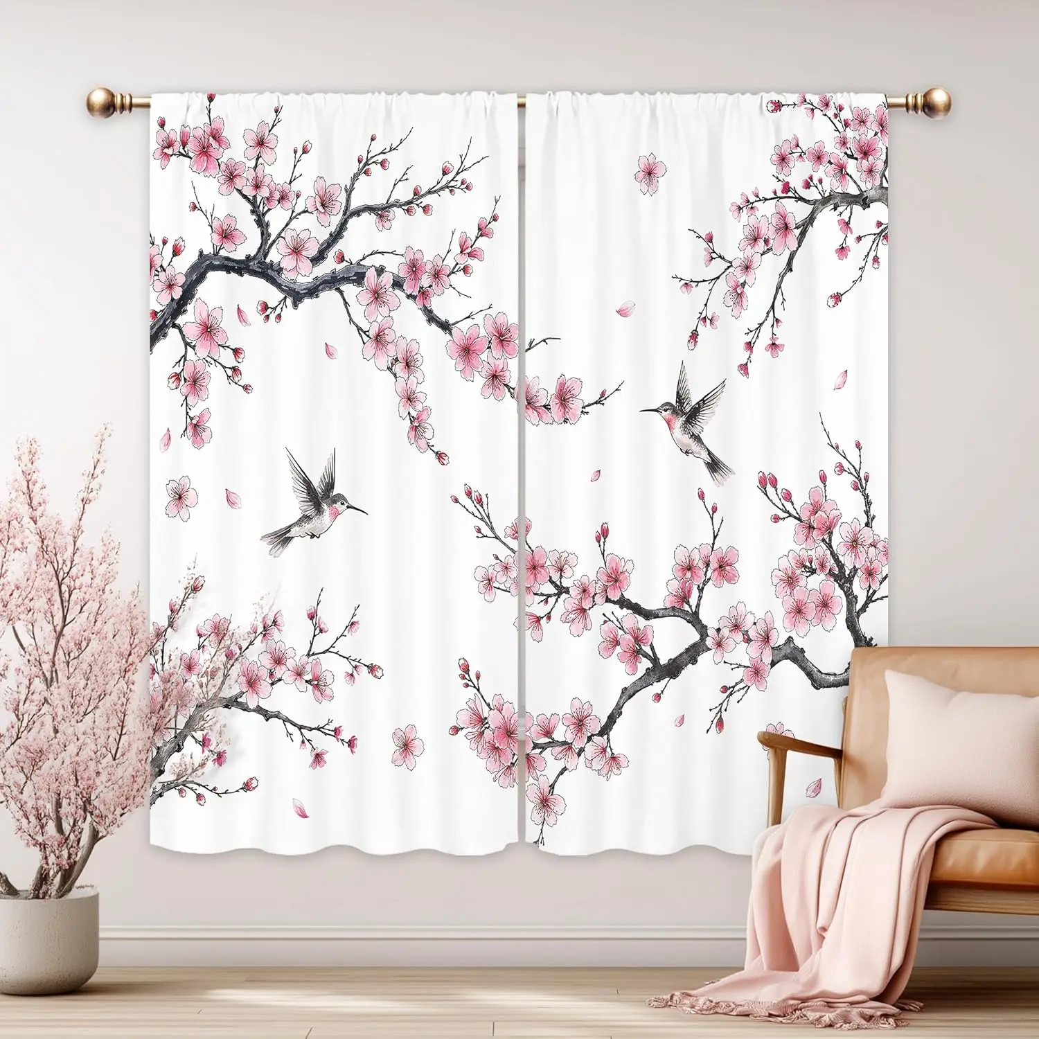 Pink Cherry Curtains for Bedroom Rod Pocket Sakura Floral Plum Blossom Weeping Flowers Hummingbird Japanese Asian Style Cute