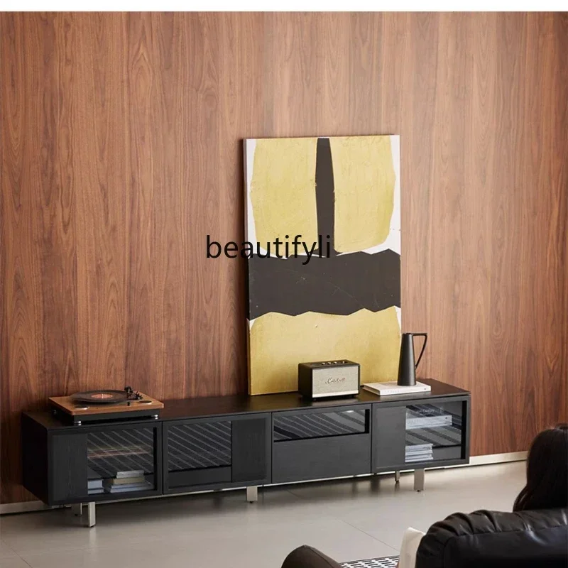 

TV cabinet solid wood, living room household small apartment modern, integrated storage and storage