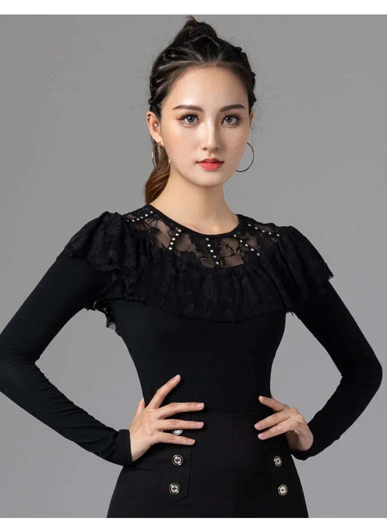 Round Neck Latin Dance Costume Evening T-shirt Jazz Solid Color Wear Pole Tango Clothes Women Mesh Patchwork Dancewear Line Top