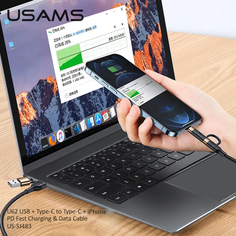 USAMS U62 4in1 60W PD USB C Cable For iphone 14 13 12 Pro Max USB To Type C To Type C Fast Charging For ipad Samsung Xiaomi