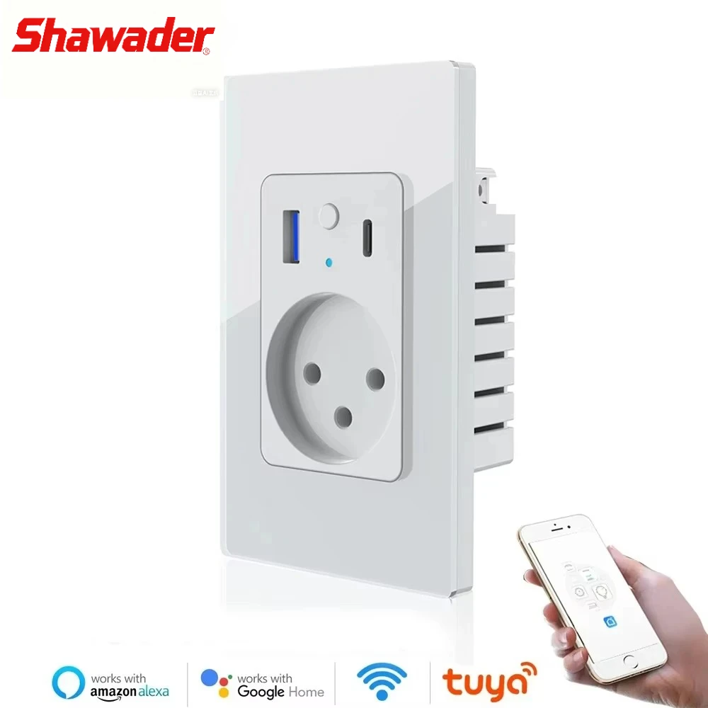 

Shawader Smart Israel Настенная розетка USB Type-C PD 30 Вт Быстрая зарядка Розетка Стеклянная панель Приложение Голосовой пульт дистанционного управления от Alexa Google Home