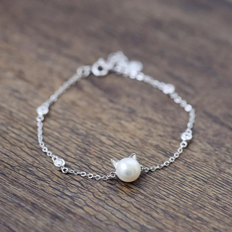 Personality New Art 925 Sterling Silver Jewelry Female Simple Bar Cat pearl Popular Bracelet