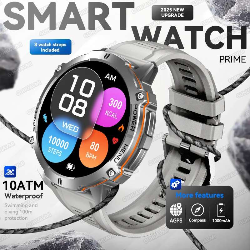 

2025 New Outdoor 1000mAh Battery Smart Watch GPS Compass Altimeter 10ATM Waterproof Heart Rate Sports Smartwatch Adult Men Clock