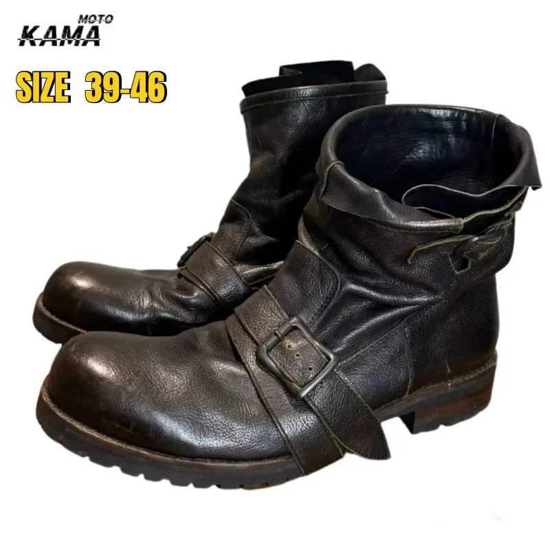 Retro Dunkle Gürtelschnallen-Motorradstiefel Trendy für Damen und Herren Halbhohe Plissierte Western-Cowboystiefel mit Seitenreißverschluss