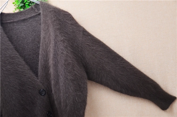 Ladies Women Autumn Winter Hairy Angora Rabbit Hair Knitted V-Neck Long Sleeves Short Style Loose Cardigans Sweater Jacket Pull