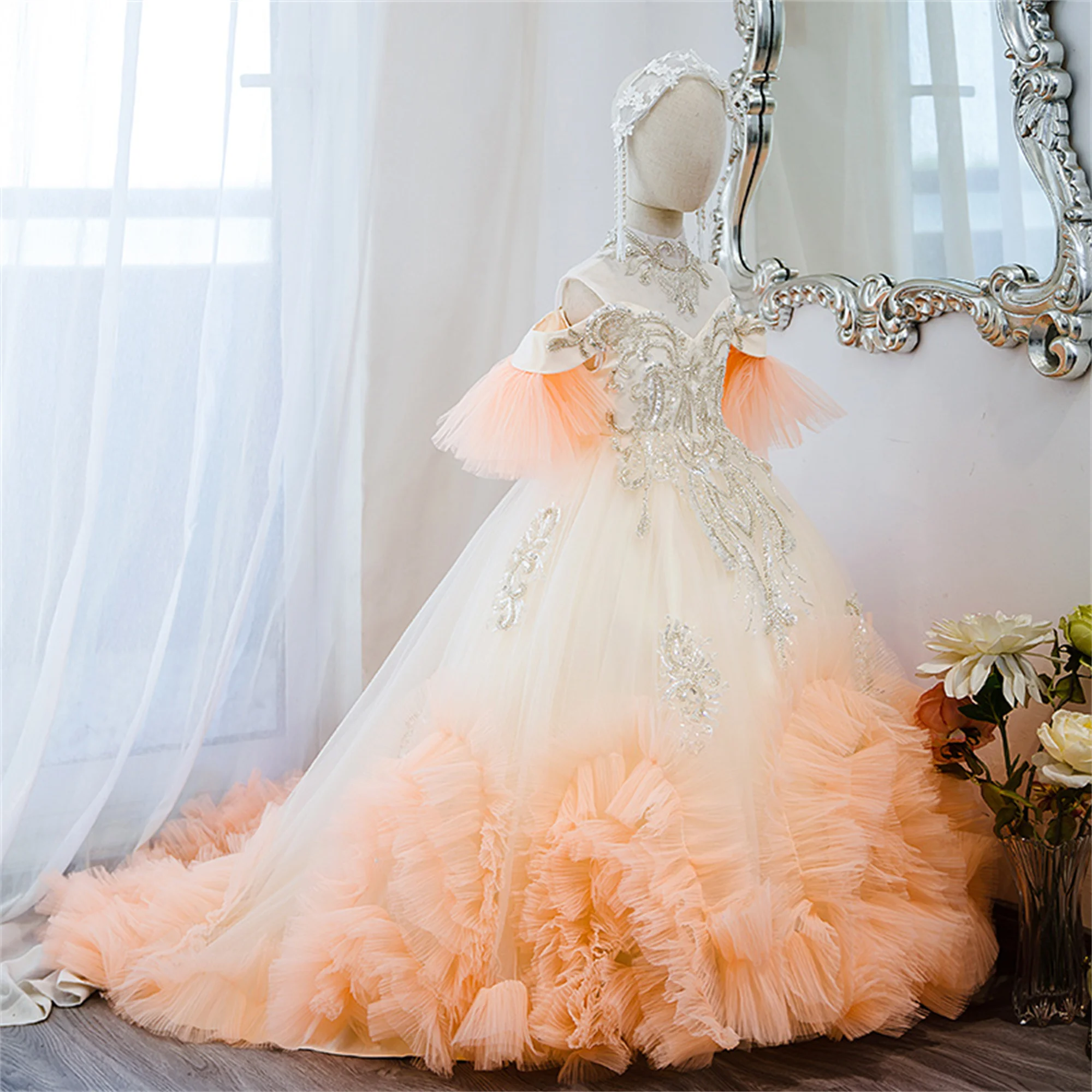 luxury off shoulder lace beading crystal princess ball gowns flower girls dress ruffle dresses ball gown sweep train ruffle gown