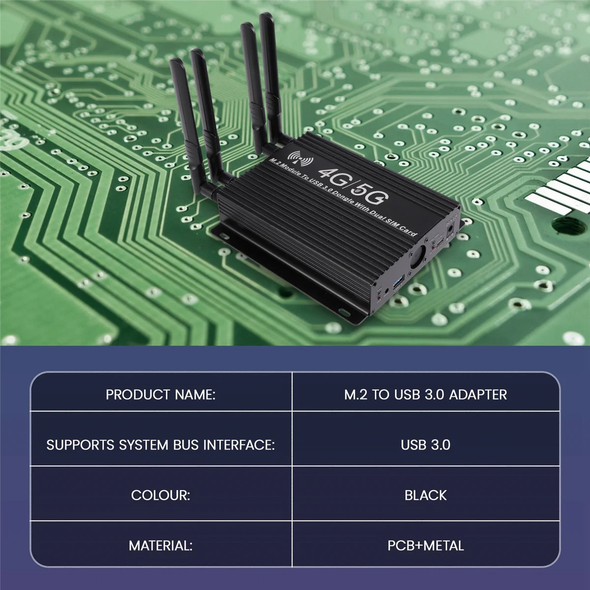 NGFF(M.2) 4G/5G Module to USB 3.0 Adapter with Cooler Fan/Dual SIM Card Slot and Auxiliary Power