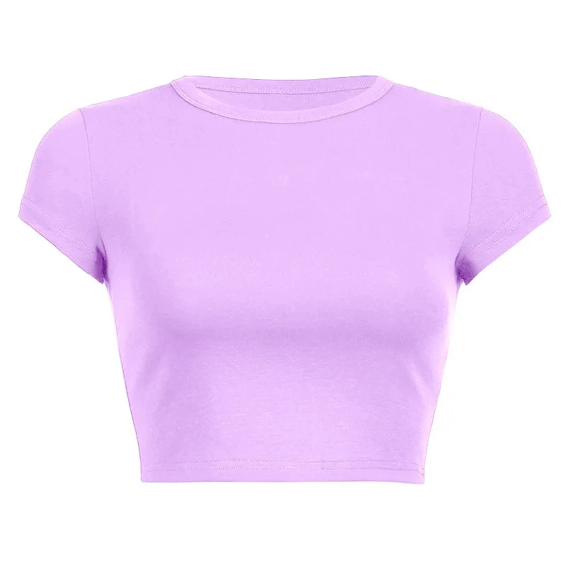 

Summer Casual Short Sleeve Basic O Neck Solid Color Cropped Navel Women Crop Tops Soft Bodycon Fashion Tees Blouse