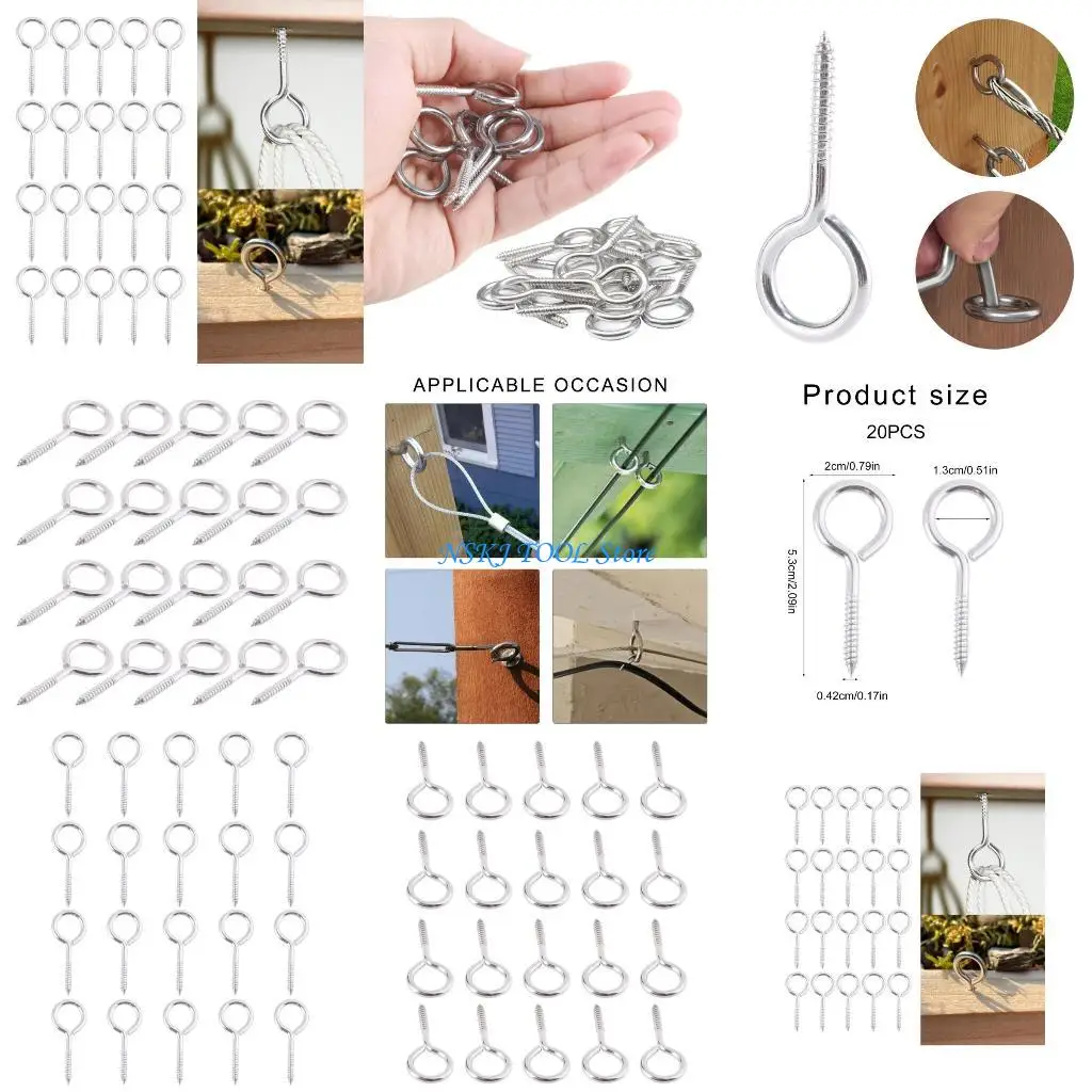 

L8RC 20Pcs Screw Eyes Assortment Metal Small Tapping Screw Hook Rings Stainless Steel Eyelet Screws Easily to Install