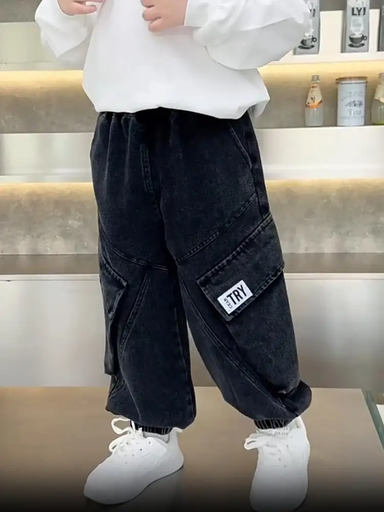 

Весенне-осенние свободные джинсы для мальчиков, модные повседневные детские джинсовые брюки для мальчиков, универсальные детские брюки с карманами для мальчиков 2-10 лет