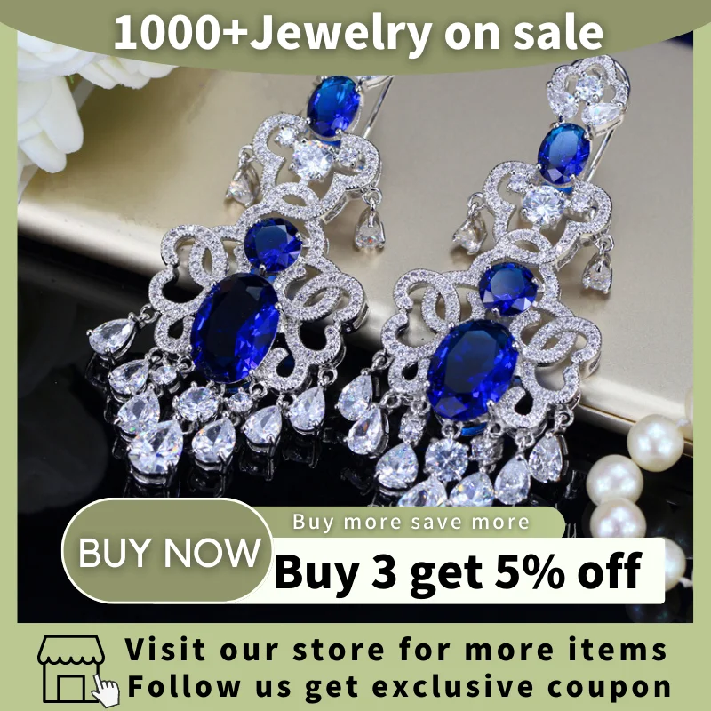 BeaQueen Royal European Design Blue Cubic Zirconia and White Crystal Tassel Drop Super Big Dangling Earrings for Women E039