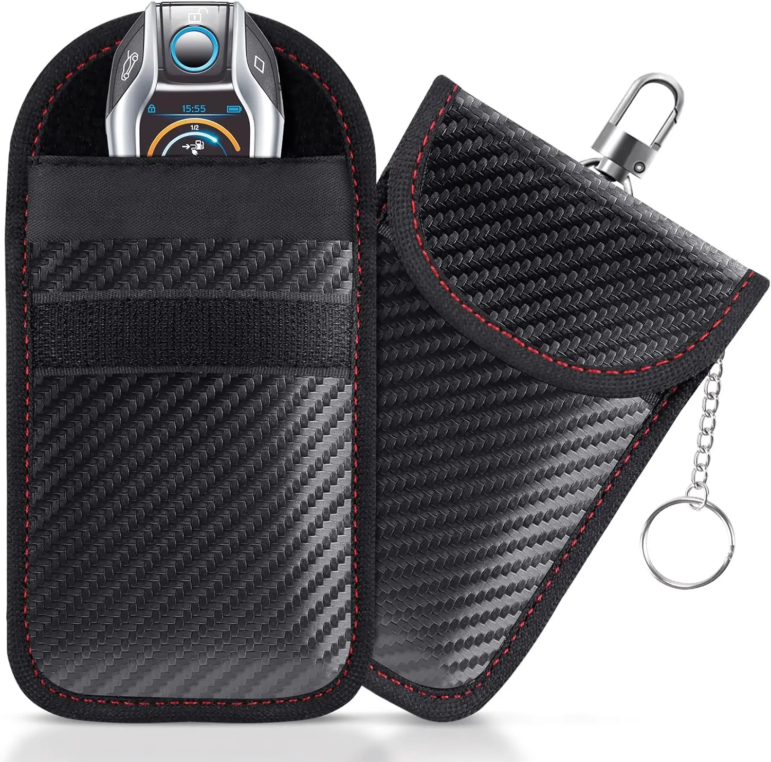 

Carbon Fiber Faraday Key Fob Bag - Military-Grade RFID/GPS/Bluetooth Blocker, 2s Signal Block, Zinc Hook & Keychain (2-Pack)