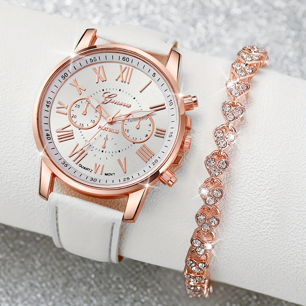 Relógio de quartzo casual redondo feminino, analógico, relógio de pulso de couro PU, pulseira de strass, presente para a mãe, ela, 2 peças